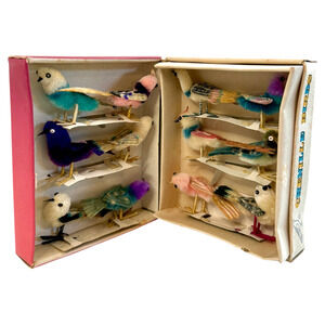 Vintage Chenille Birds Ornaments Set of 12 Original Box 331-5 Pipe Cleaner NOS